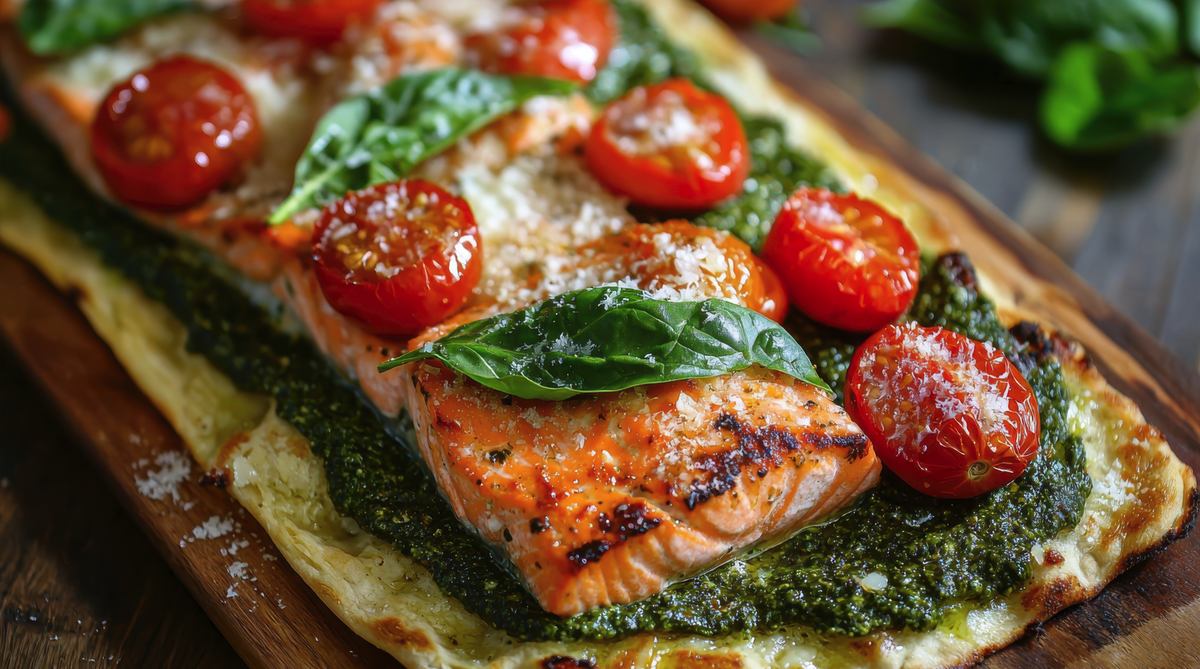 Salmón relleno de queso feta, espinacas y tomate