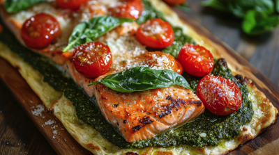 Salmón relleno de queso feta, espinacas y tomate