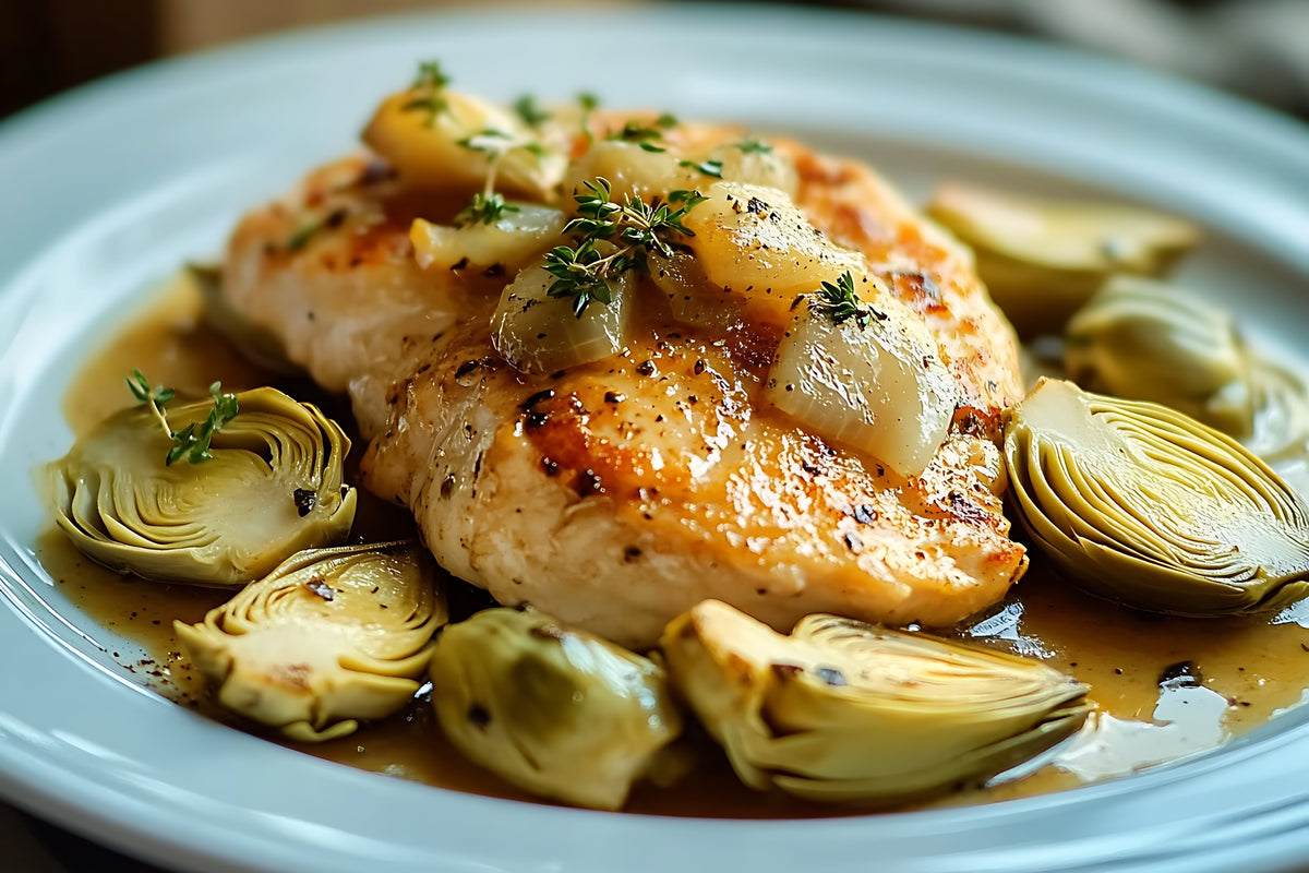 Pollo con alcachofas y mandarina