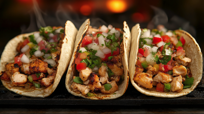 Tacos de pollo asado y quesos gallegos
