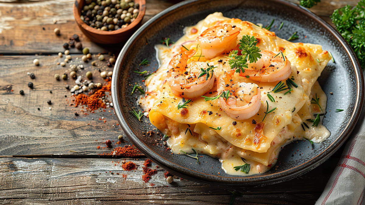 Canelones de marisco con bechamel trufada
